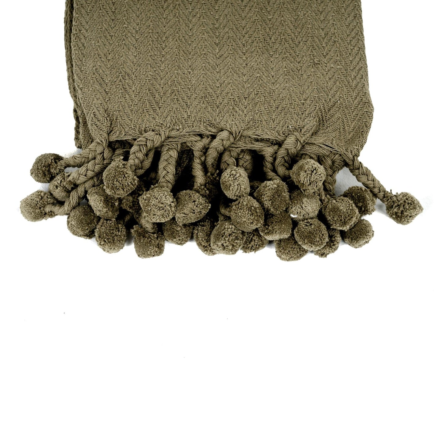 Coperta in cotone Vesla con nappe intrecciate a pompon in verde