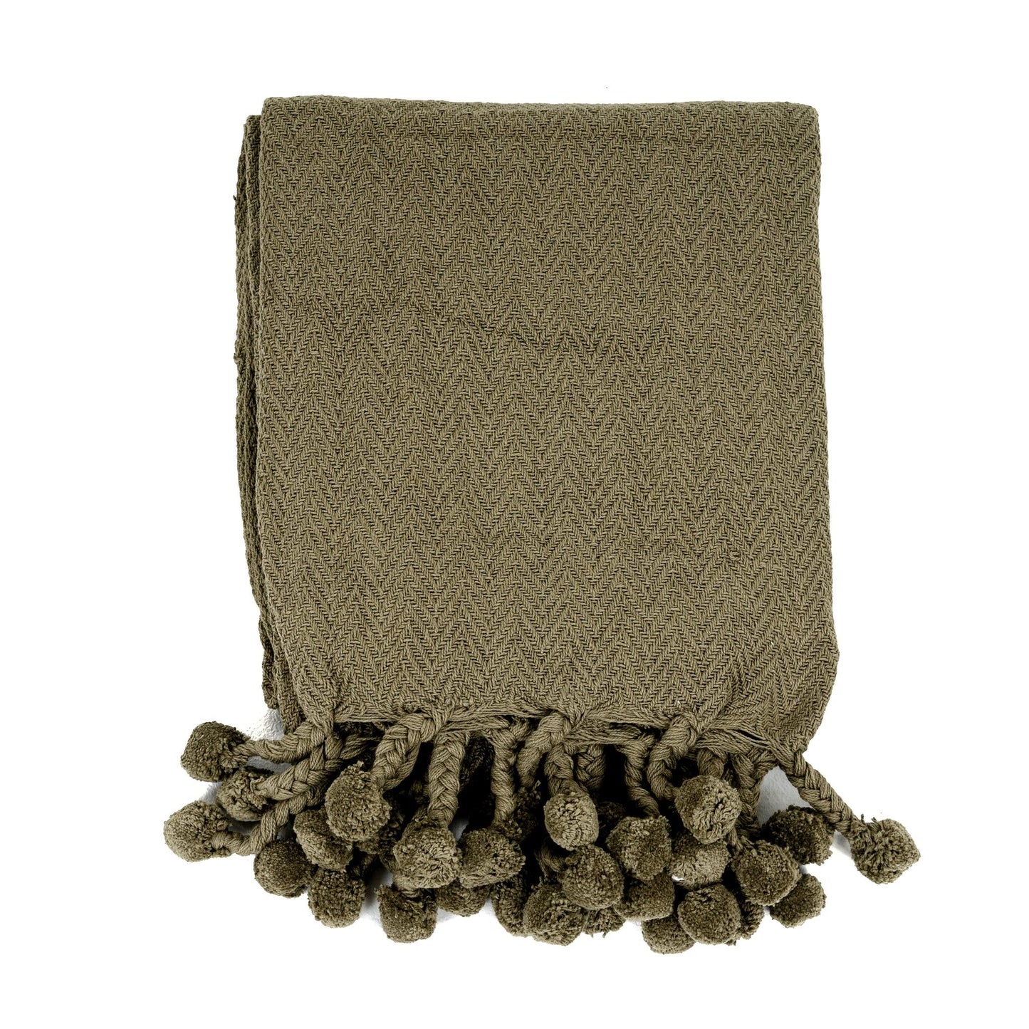 Coperta in cotone Vesla con nappe intrecciate a pompon in verde